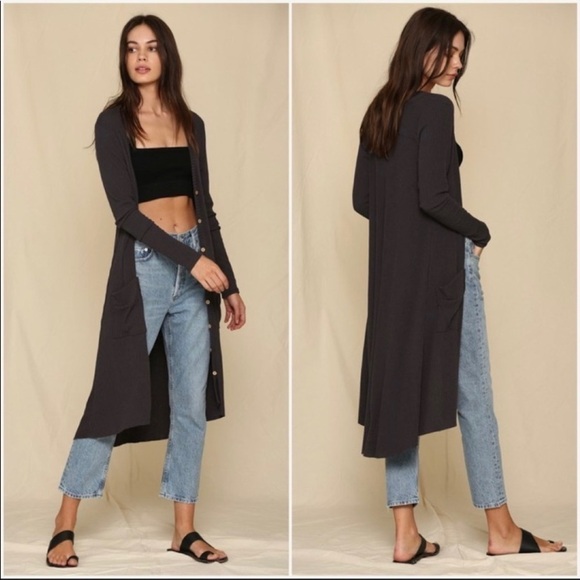 Charcoal Knit Rib Button Down Duster - Picture 1 of 7